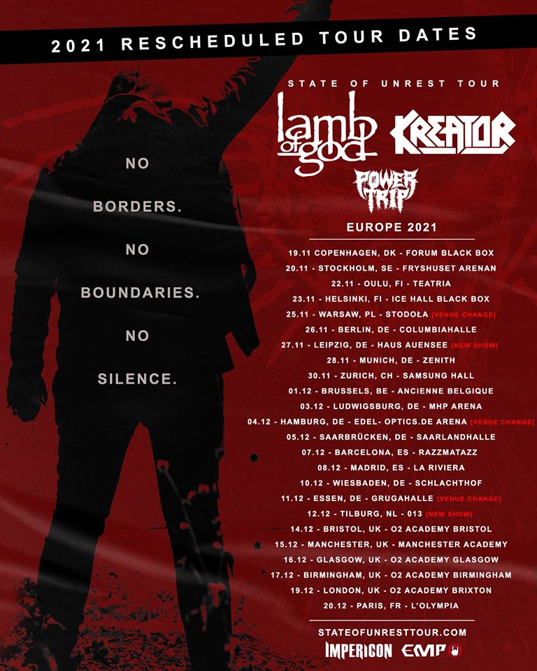 Tour von KREATOR, LAMB OF GOD & POWER TRIP mit neuen Terminen